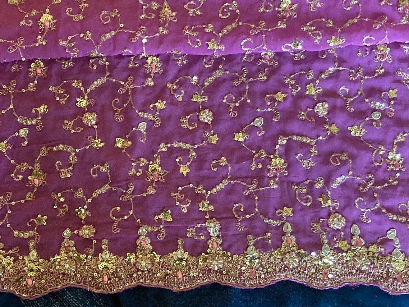 Vintage Indian Orchid Lavender Scarf Zardozi Gold Sequin Kundan Dupatta 100×44