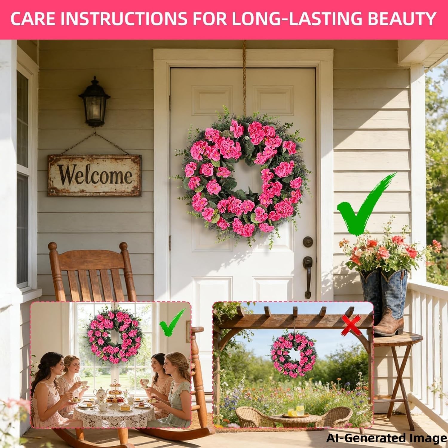Kuimen Rose Red Artificial Geranium Wreath 22 Inch Spring Summer Wreaths For