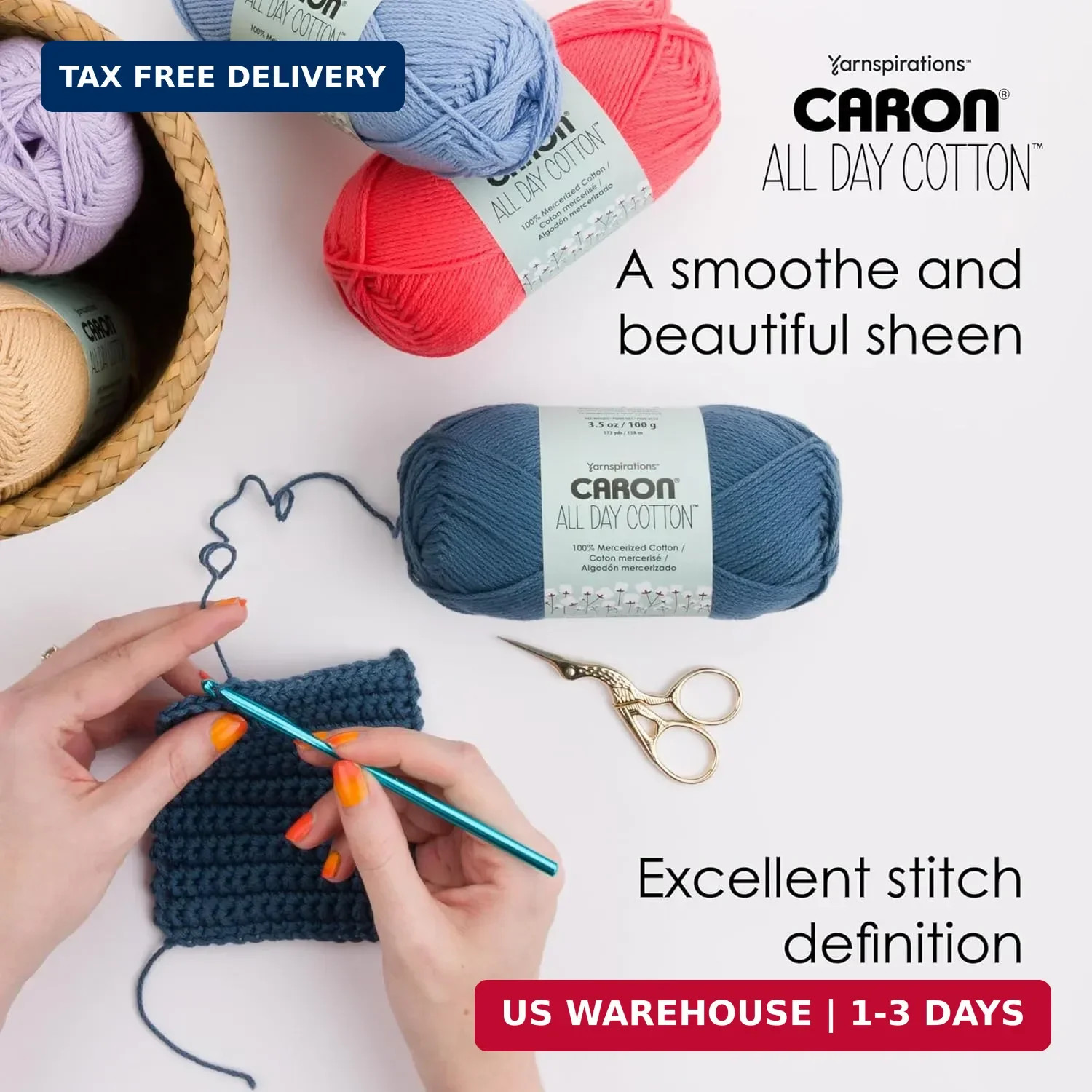 Caron All Day Cotton – 3 Pack of 173 Yards/3.52 oz Eyes Blue 100% Mercerized Cot