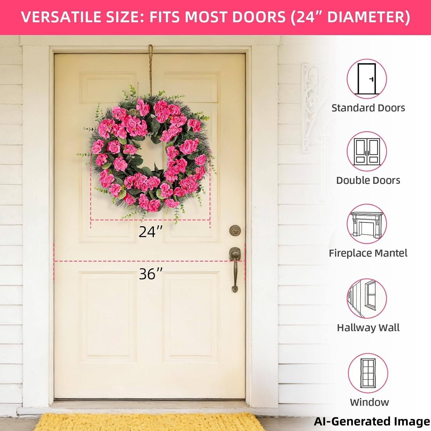 Kuimen Rose Red Artificial Geranium Wreath 22 Inch Spring Summer Wreaths For