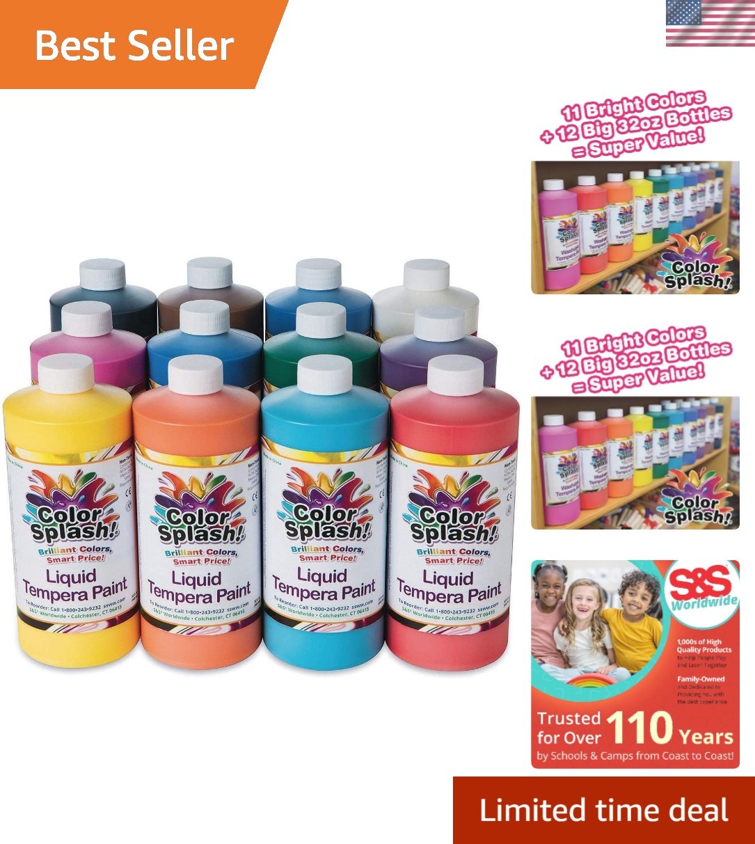 Color Splash! 12-Pack Liquid Tempera Paint – 32oz Non-Toxic for Kids & Adults