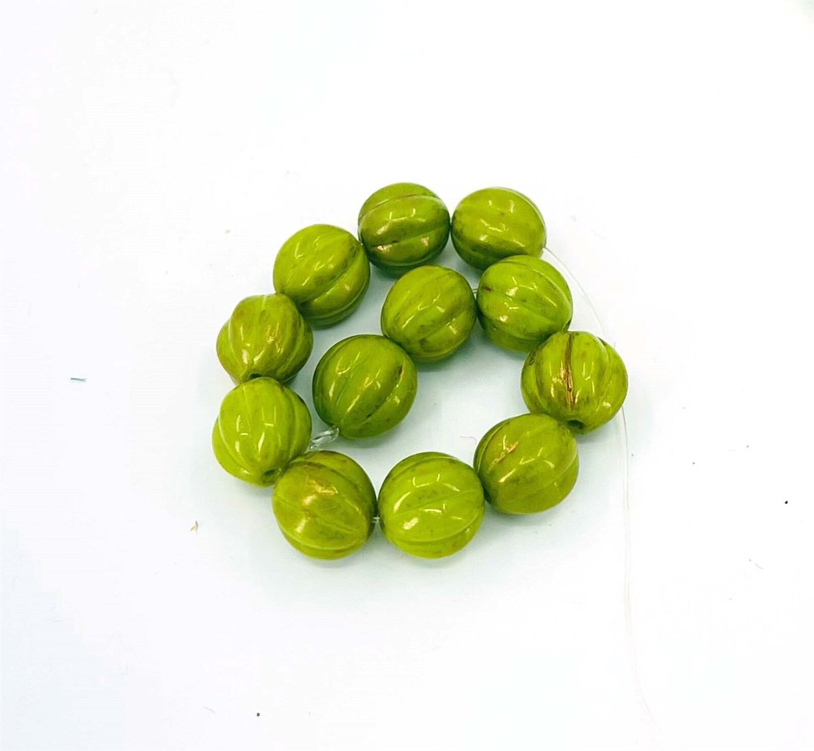 12 Czech Glass Melon Round Beads 8mm – Gold Marbled – Opaque Olive Green