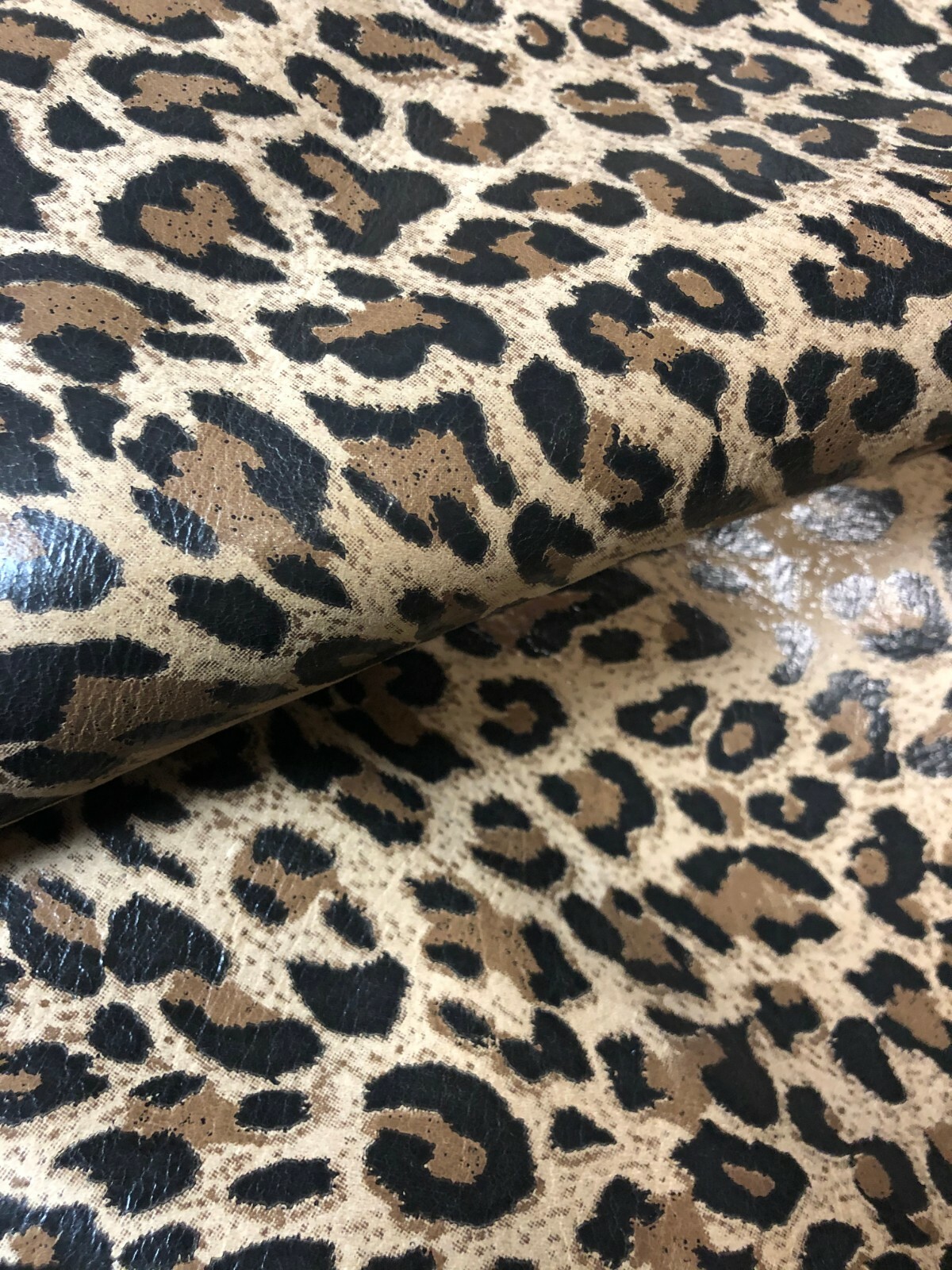 Leopard Beige Printed Shiny Leather – Cut To Size by Square – Cowhide Leather