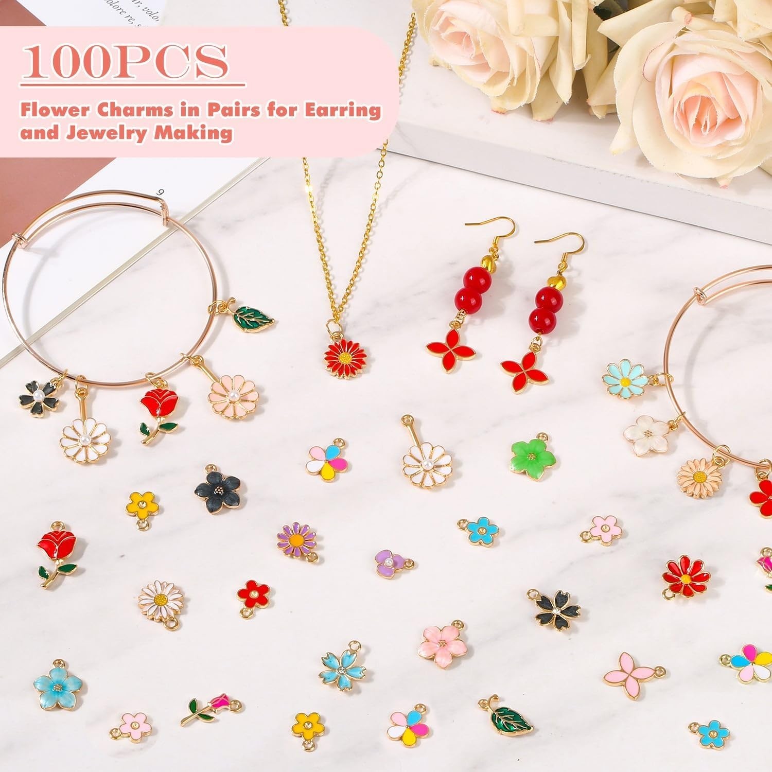 100Pcs 50 Pairs Flower Charms for Jewelry Making, Wholesale Assorted Enamel Mixe