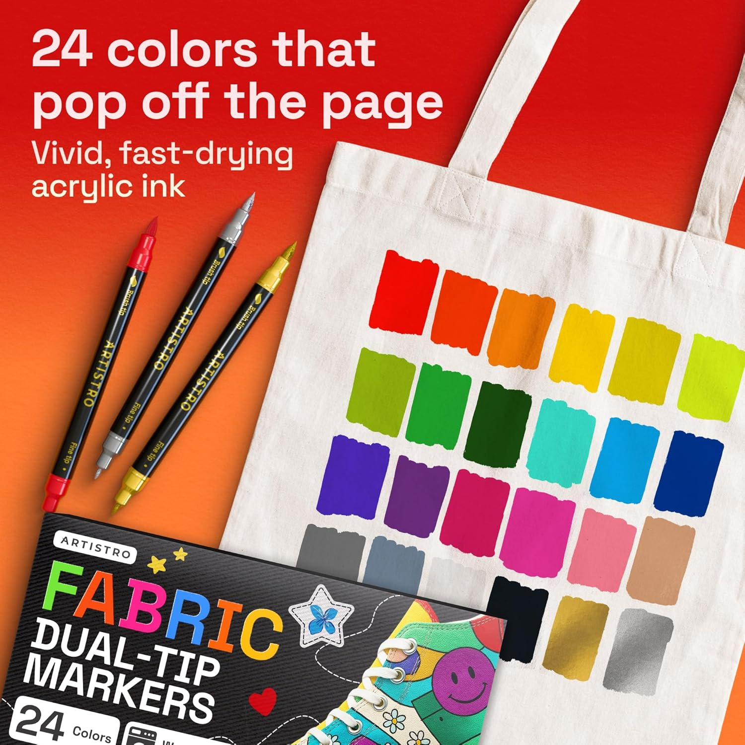 24 Fabric Markers Permanent Dual Tip Clothes Paint Pen Canvas Sneaker