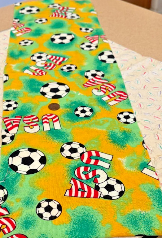 Soccer Balls* USA*on Green & Yellow * Stutz-Horowitz Co.* 100% Cotton* 8″ x 29″