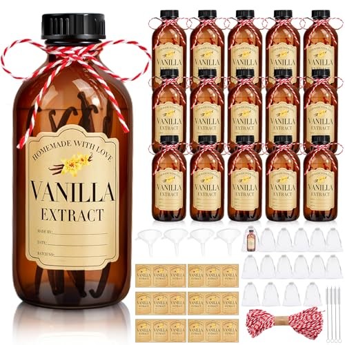 BHHQHH 16Pcs 8 oz Amber Glass Bottle Boston Round Bottles for Vanilla Large