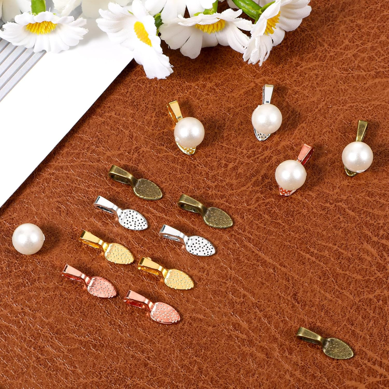 100 PCS Spoon Glue on Bails for Jewelry Making, Flat Pad Pendant Bail, 4 Colors