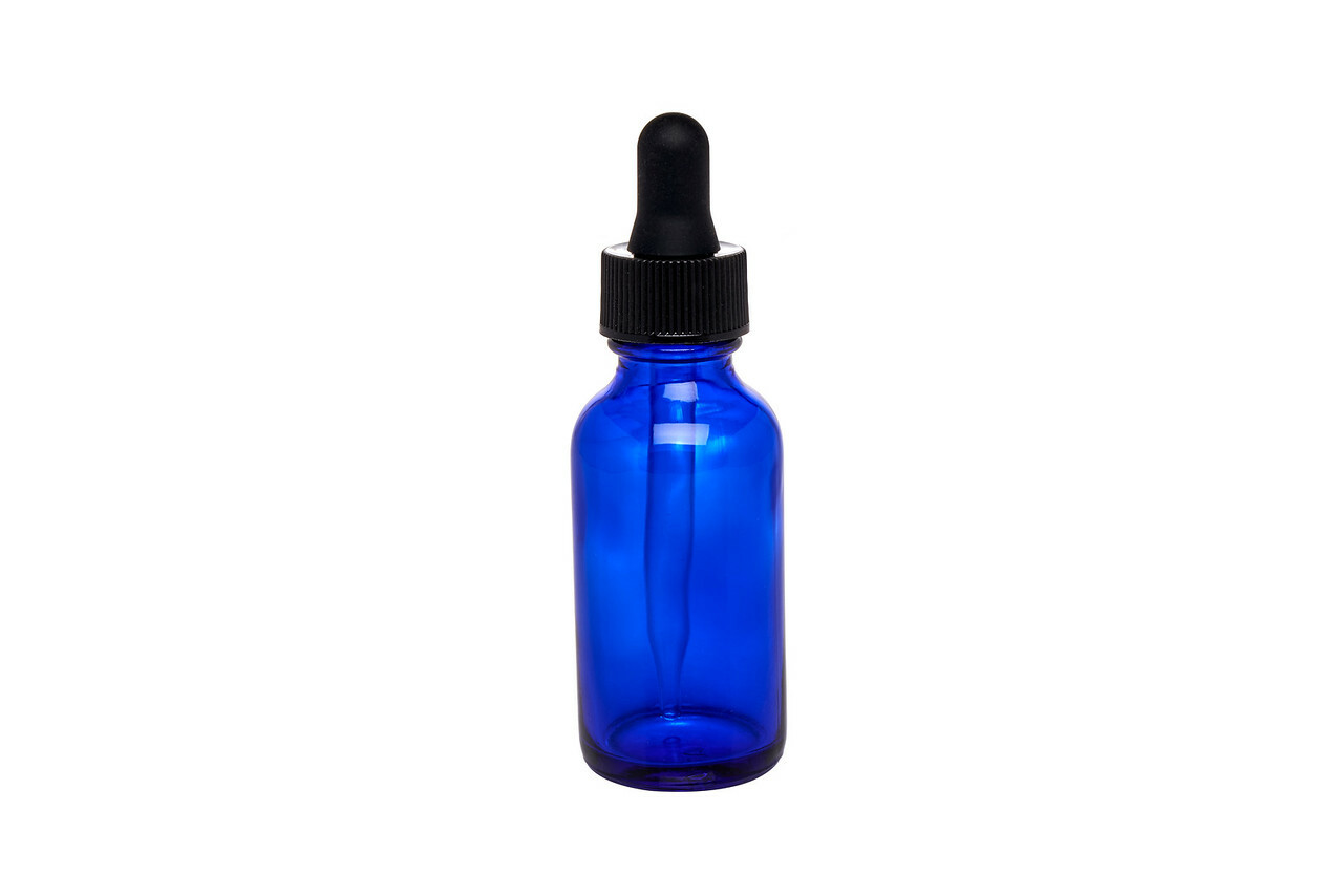 Cobalt Blue Boston Round Glass bottles Black Dropper Cap 1 oz / 30 ml 24 Pack