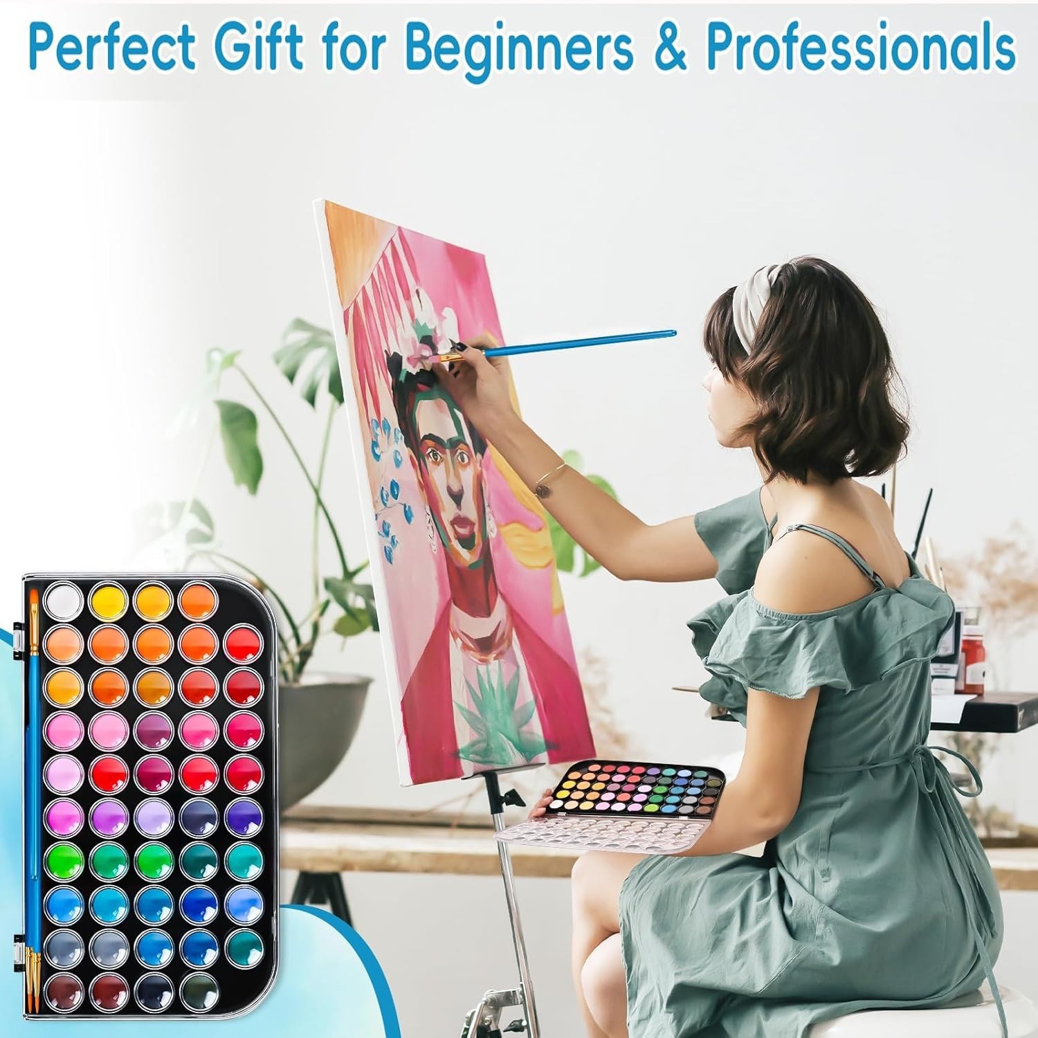 48 Color Solid Watercolor Paint Set with 3 Wooden Brushes Non Toxic Vibrant
