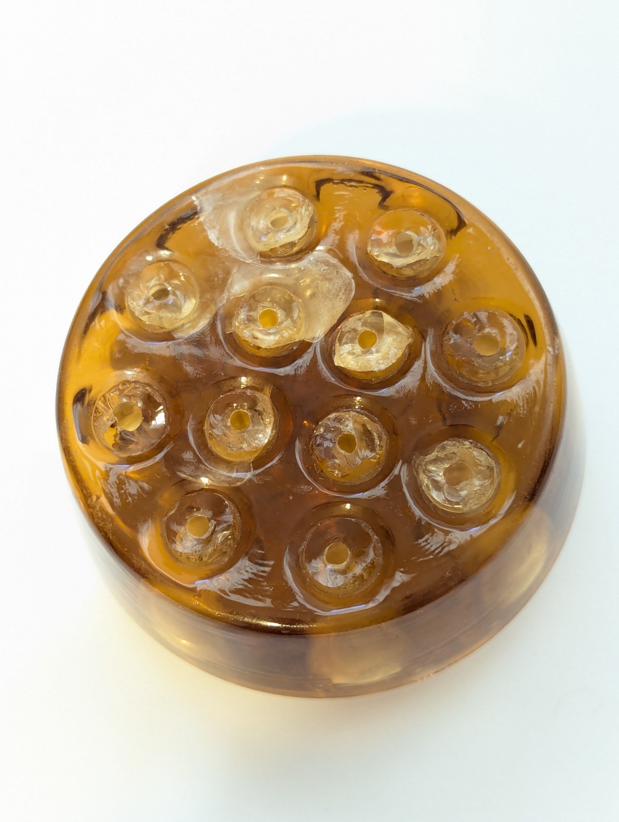 Vintage Amber Glass Flower Frog 16-Hole 3.75″ Pressed Glass Dome Vase Insert
