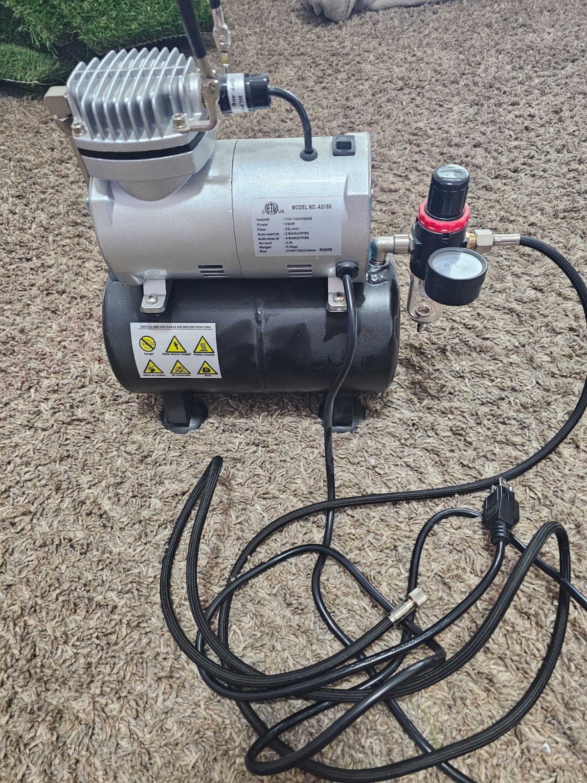 Timbertech AS-186 Piston Type 125W High-Performance Airbrush Compressor