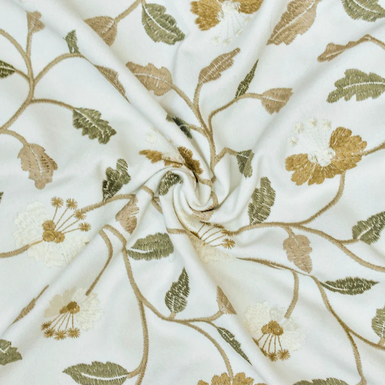 Ivory, Mustard Cotton with Embroidery Fabric by the Yard, 1 Yard Ivory Fabric