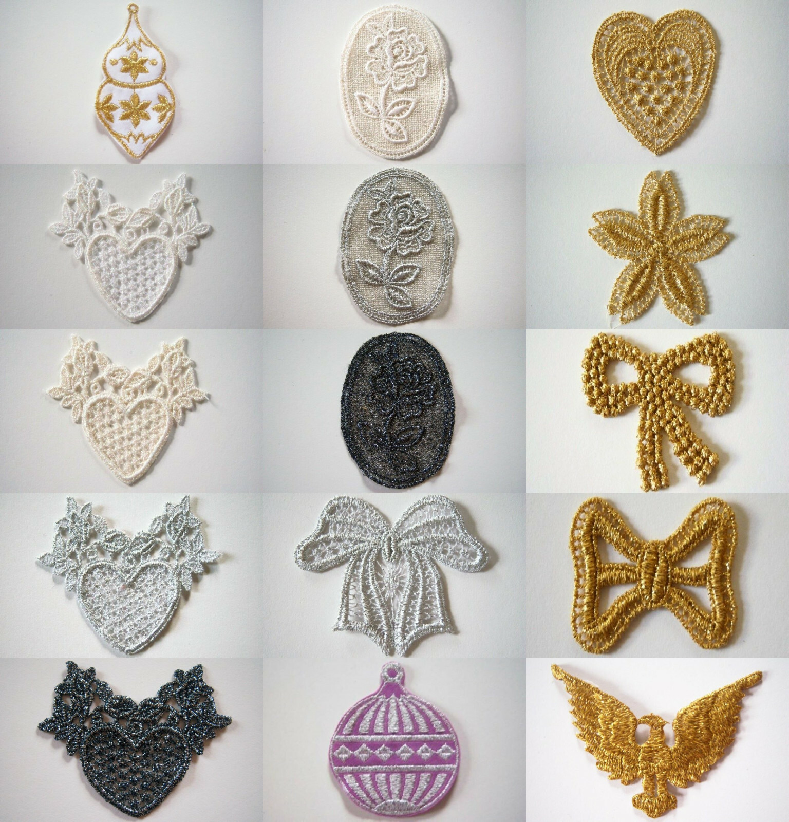 6 Vintage Sew On Appliques Metallic Venice Lace, Ornaments, Iron On Eagle