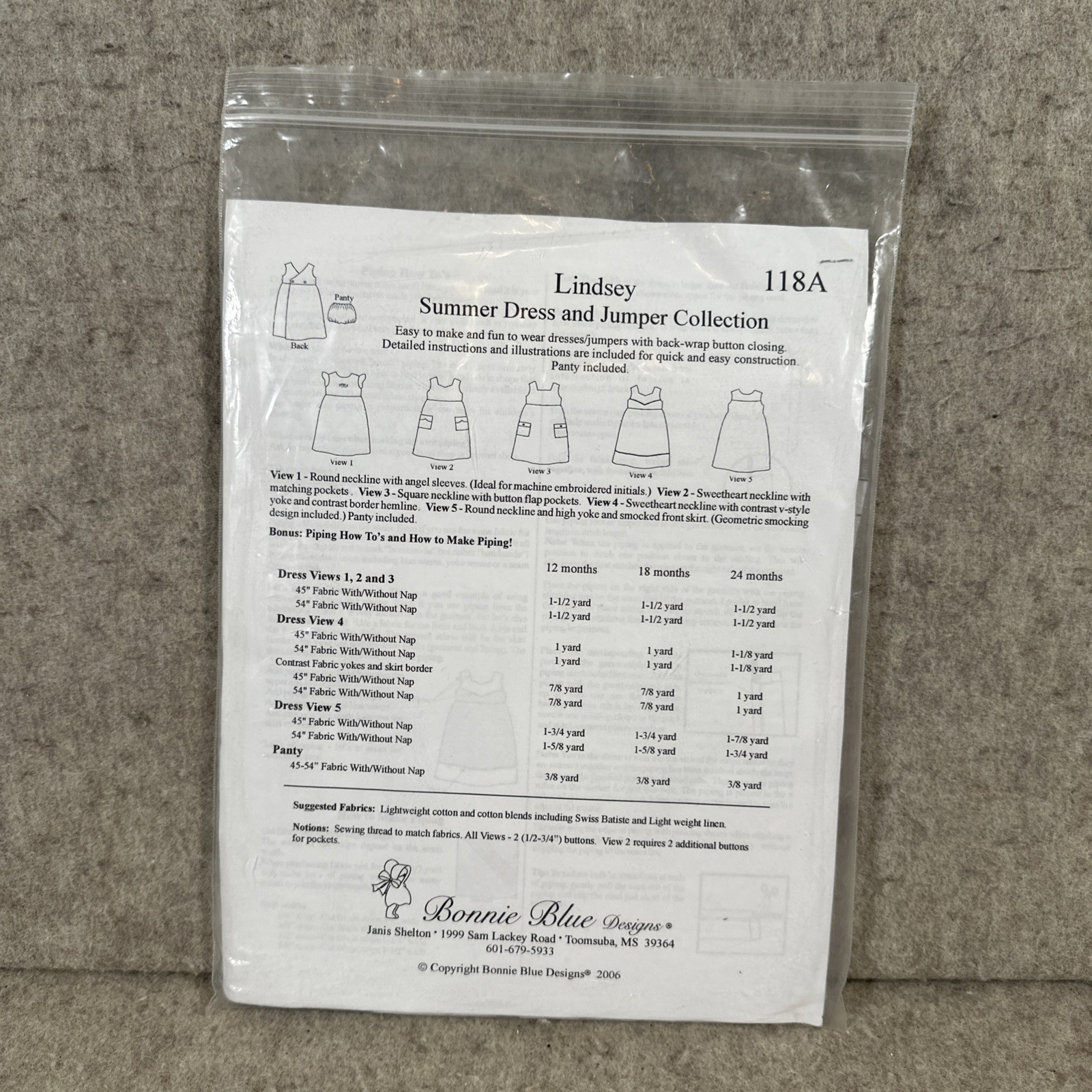 Bonnie Blue Designs Pattern 118A Lindsey Summer Dress & Jumper 12,18, 24 Months