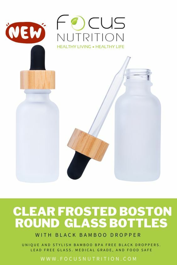 Clear Frosted Boston Round Glass bottles Black Bamboo Cap 1 oz / 30 ml 12 Pack