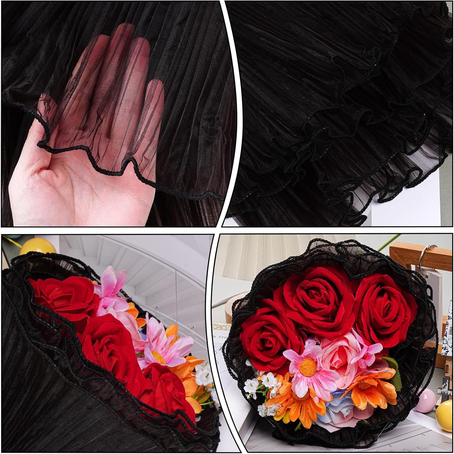 Black Flower Wrapping Mesh Paper 4 Yards of Wrinkle Resistant Floral Packaging