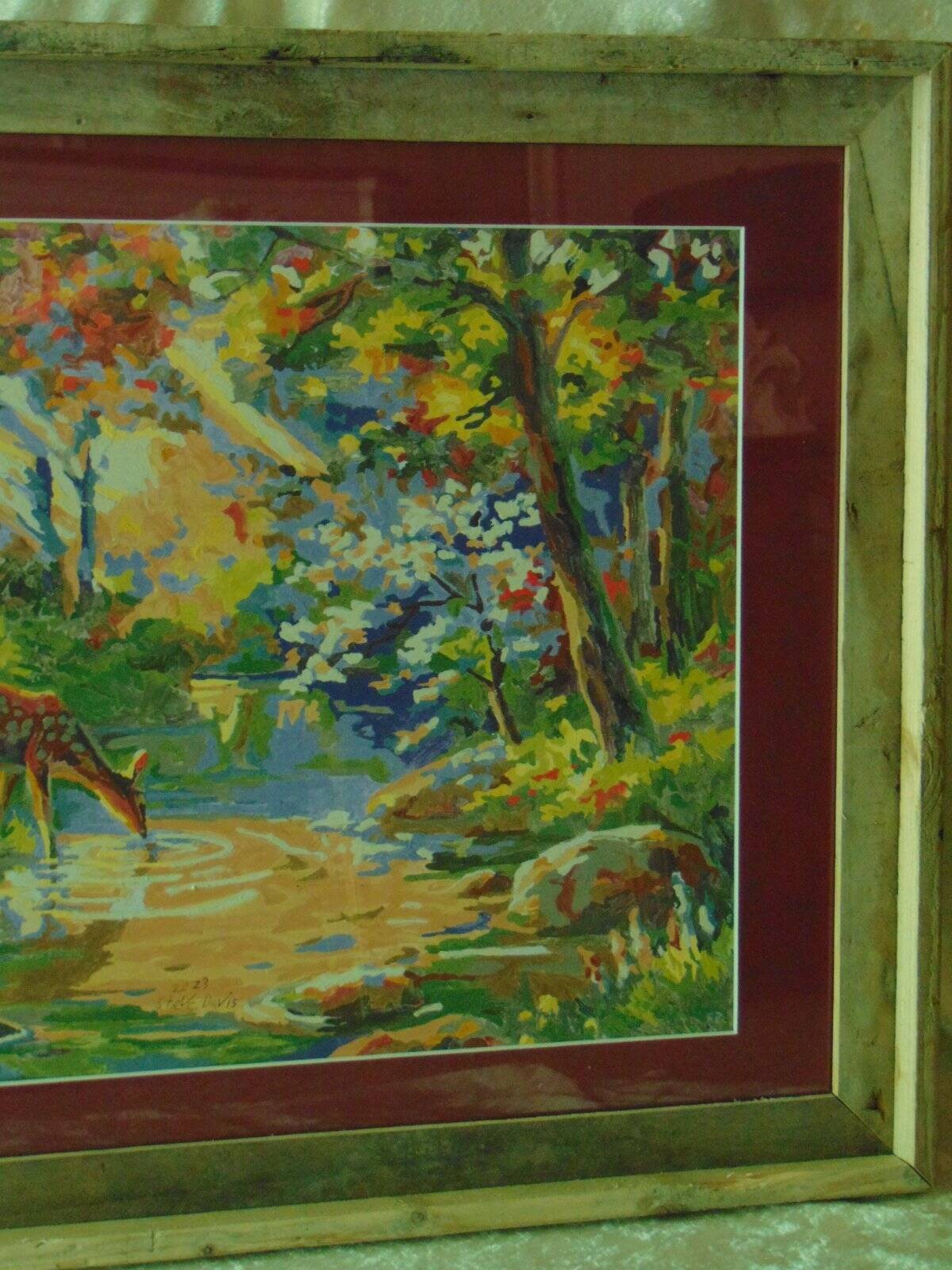 FRAMED DEER PAINT BY NUMBER signed Steve Davis custom wood frame matte & glass