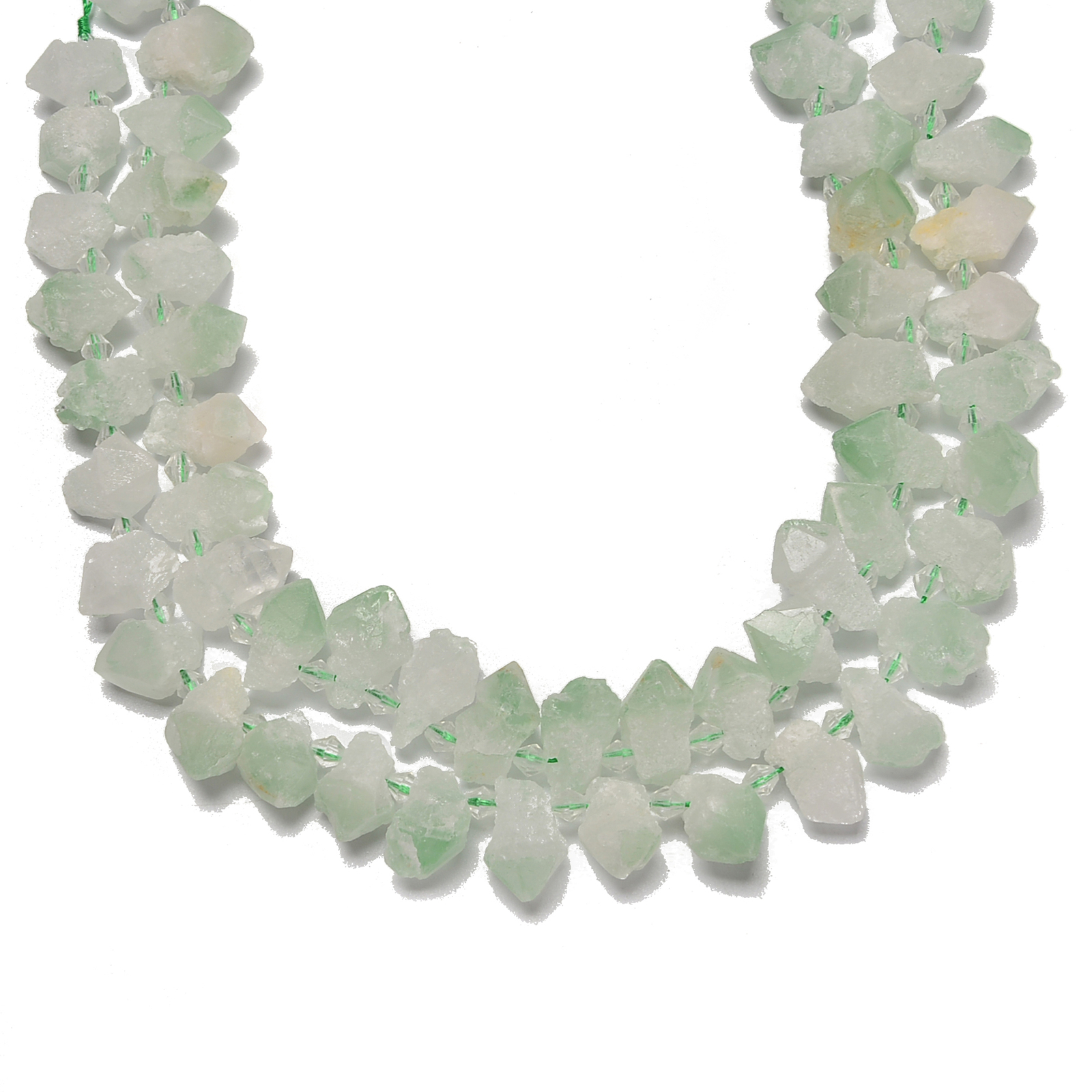 Light Green Quartz Top Drill Rough Points Size 15-18mm 18-25mm 15.5” Strand