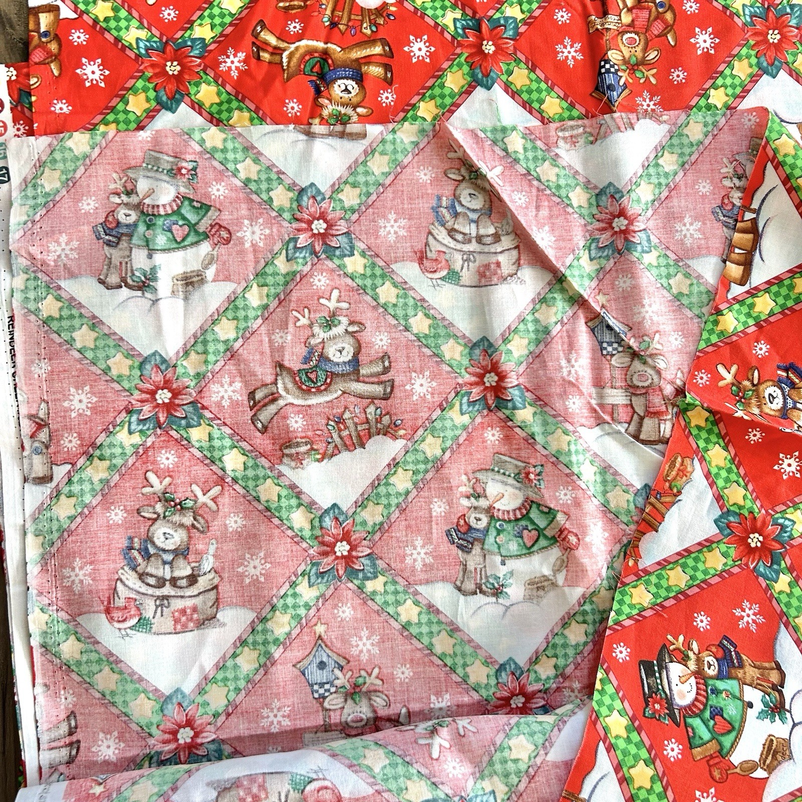 VTG Christmas Fabric Reindeer Cheer By Debra Jordan Bryan Snowman 44”x 7 Yards
