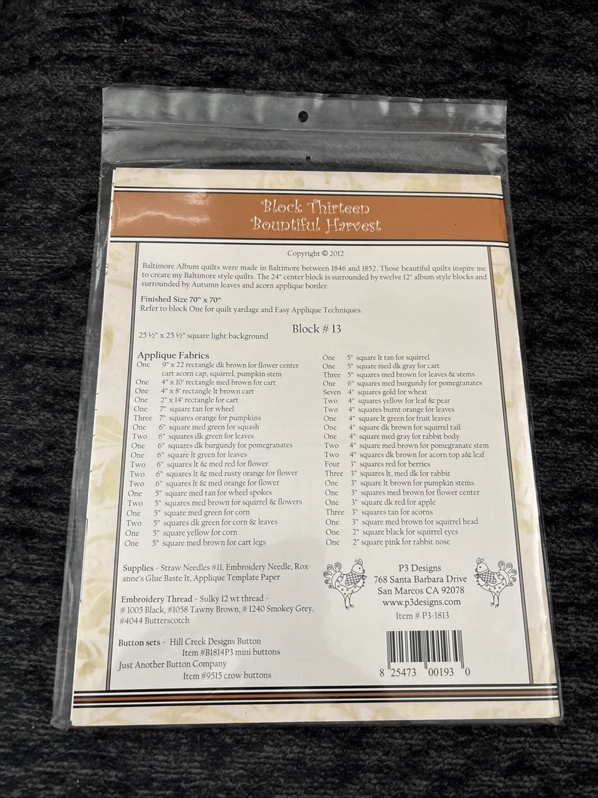 Baltimore Autumn Quilt Block #13 Pattern by Pearl P Pereira of P3 Designs- NEW