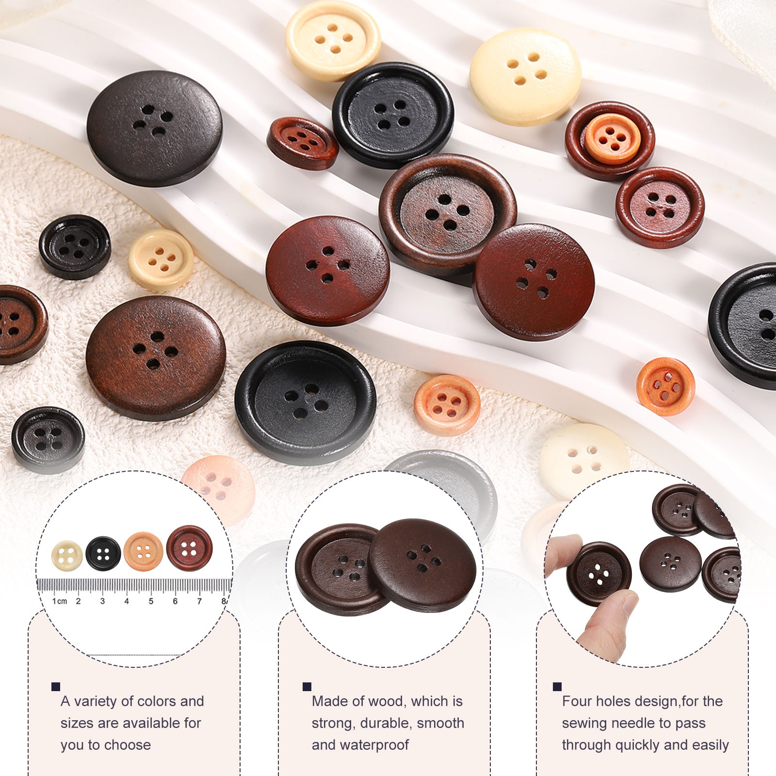 10pcs Wooden Sewing Button 28mm 4 Holes Round Craft Buttons, Dark Brown