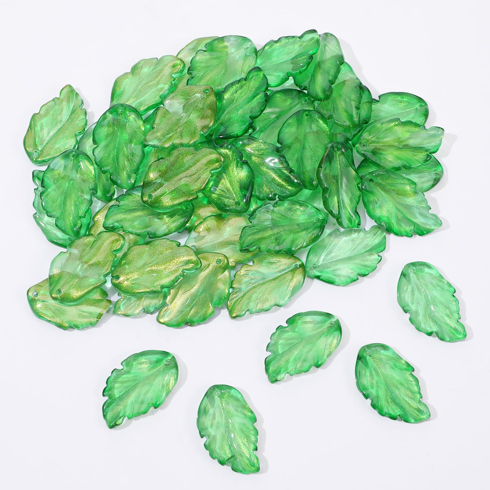 50Pcs Green Crystal Glass Leaf Beads, Leaf Shape Spacer Charms Translucent Czech