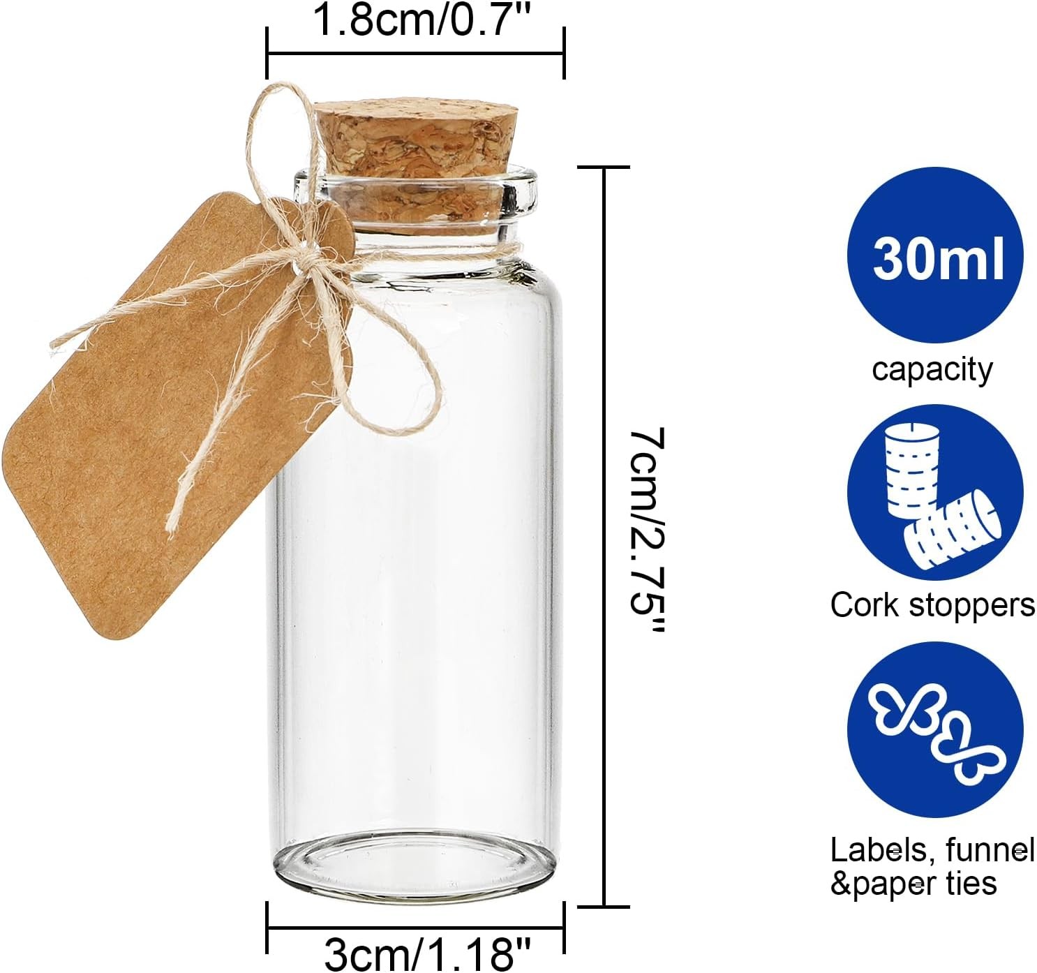 70 Pack 30ml Cork Stoppers Glass Bottles, Wishing Bottles with Personalized
