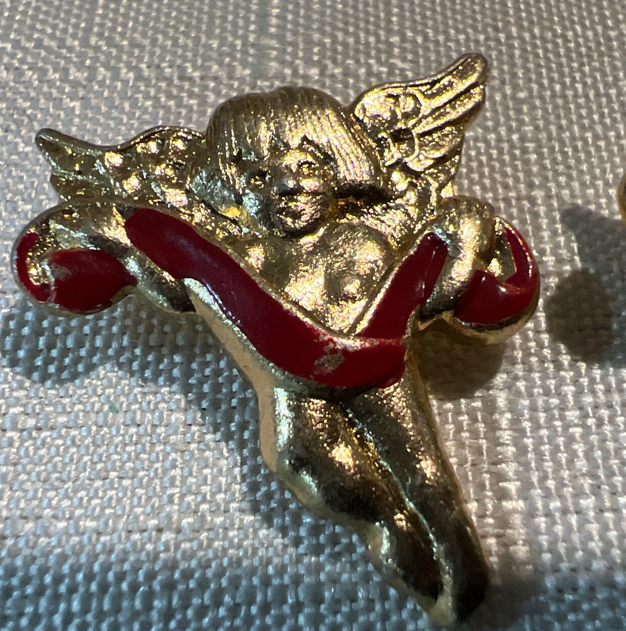 2 JHB Cherub Buttons 26mm Metal Shank Gold Tone Red Ribbon Sewing Craft -D7