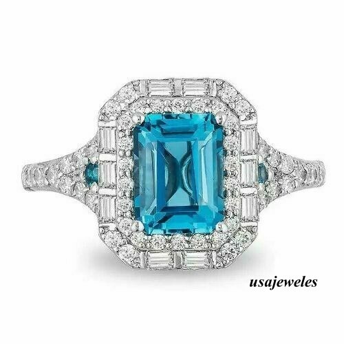 Halo Wedding Jewelry Ring 2.60CT Emerald Cut Real Aquamarine 14K White Gold Over