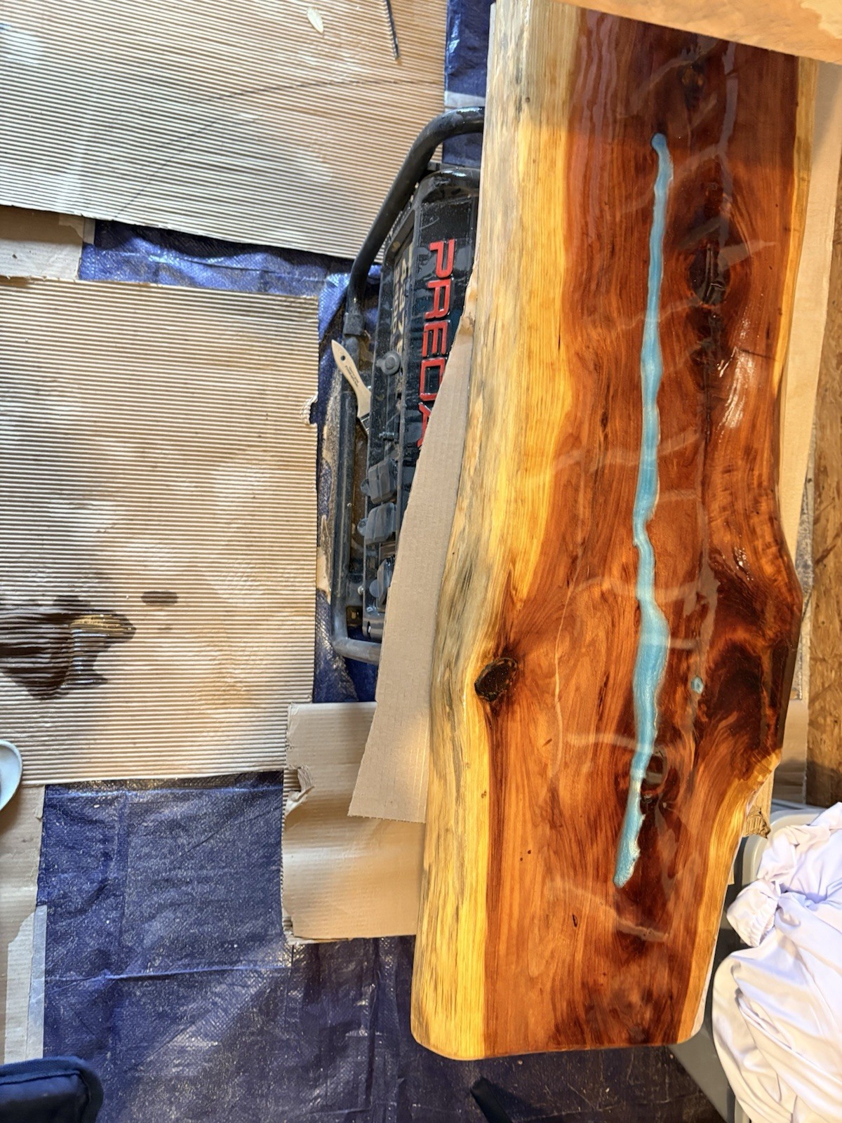 Live Edge Wood Slab with Blue Epoxy Resin Inlay for Craft or Woodworking