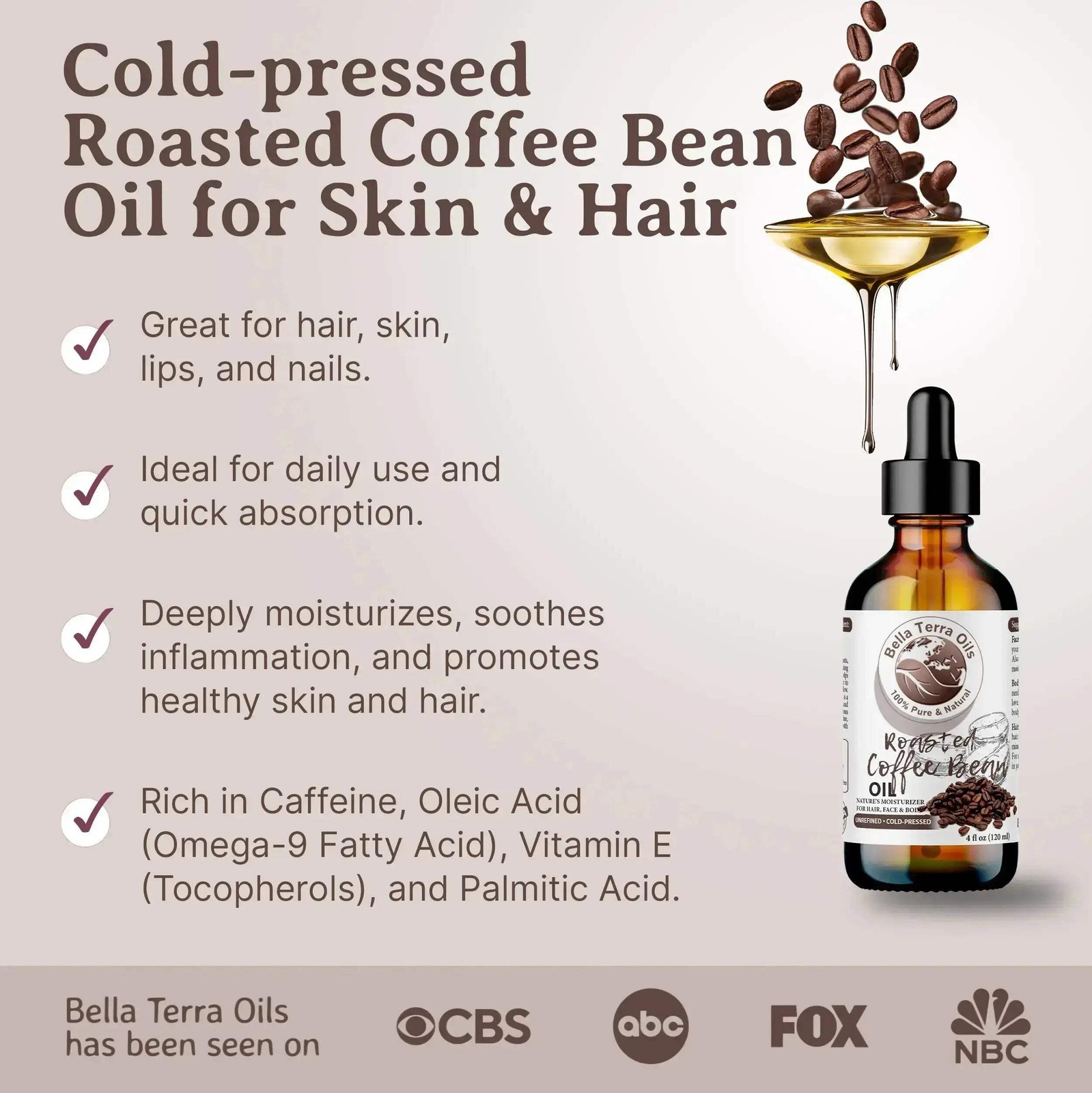 Roasted Coffee Bean Oil: Natural, Rich, Ideal for Revitalizing Skin and Hair