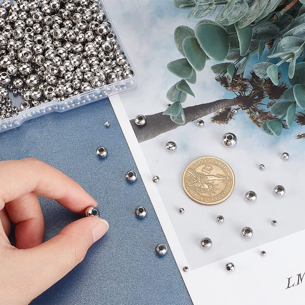 1050 Pcs Stainless Steel Spacer Beads, 5 Sizes , Silver, Round, Beads