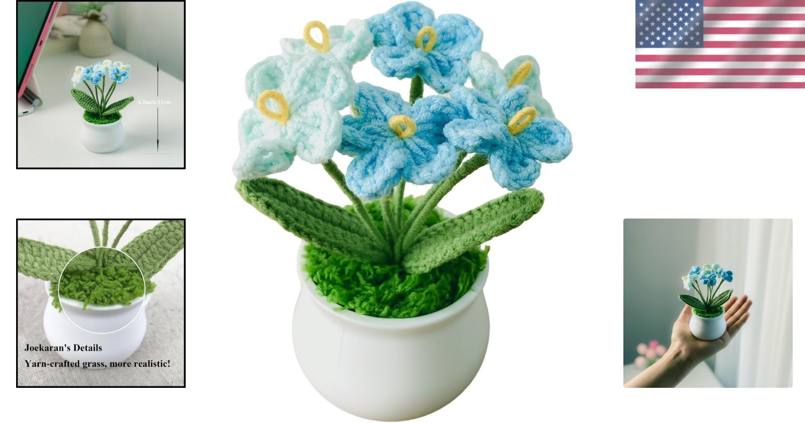 Eco-Friendly Blue Gradient Myosotis – Handcrafted Crochet Flower for Desk Decor