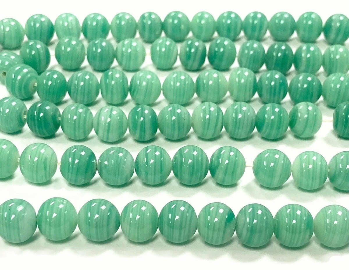 50 VINTAGE JAPAN CHERRY BRAND GLASS SWIRLED JADE 10mm. SMOOTH ROUND BEADS 4652T