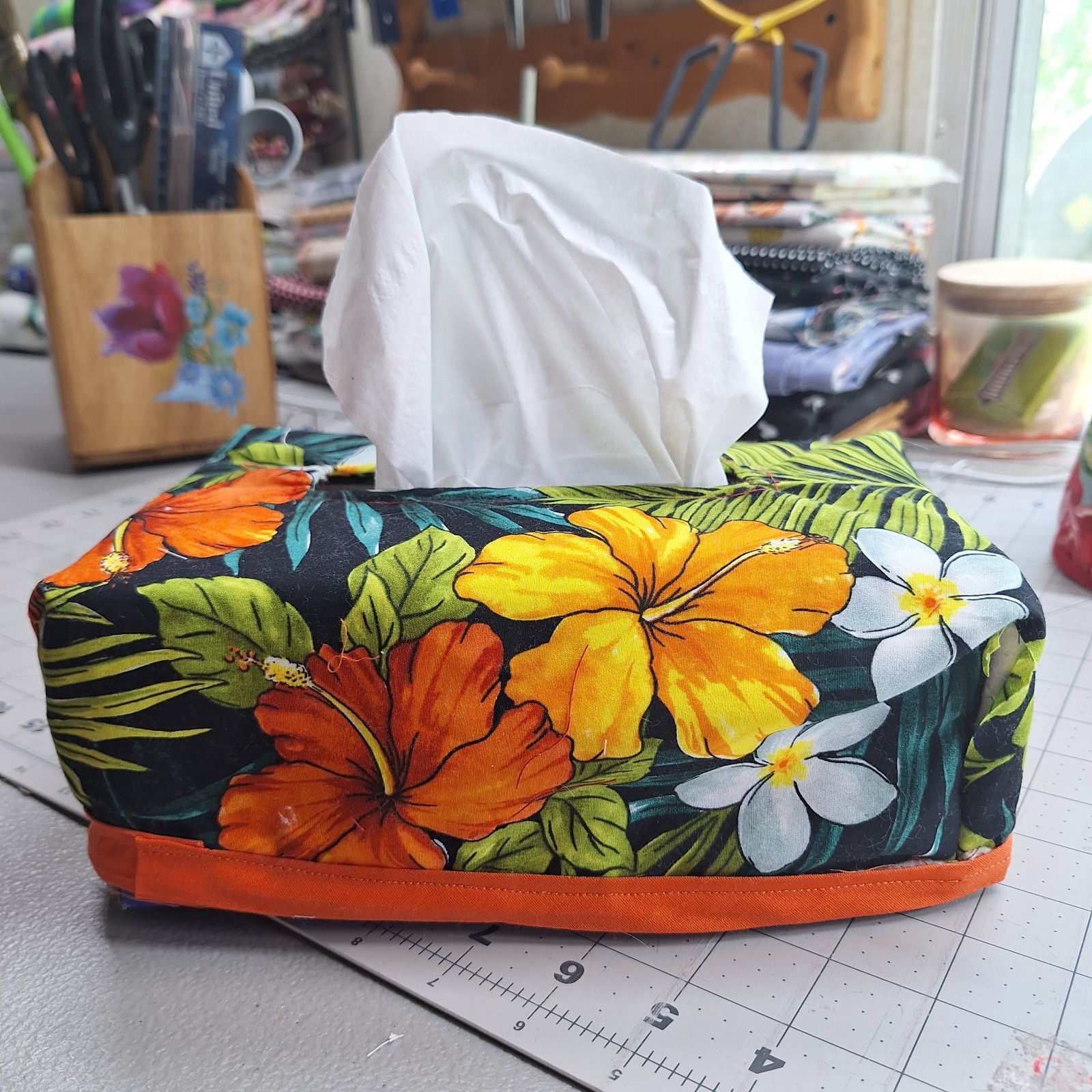 Handmade Red And Yellow Tropical Floral Kleenex Cover