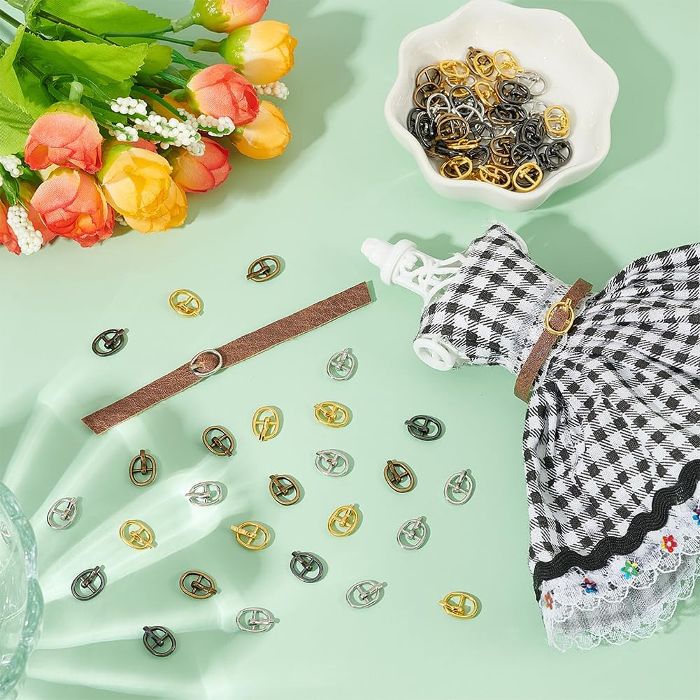 80 PCS Tiny Oval Alloy Buckle for Doll Making 0.4X0.31Inch 4 Color Mini Metal Ro