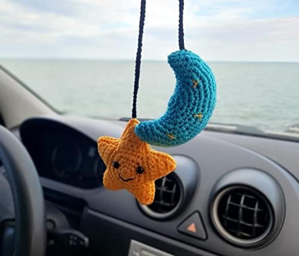 Star and Moon, Crochet Handmade Automotive Rearview Mirror Charm Decor,