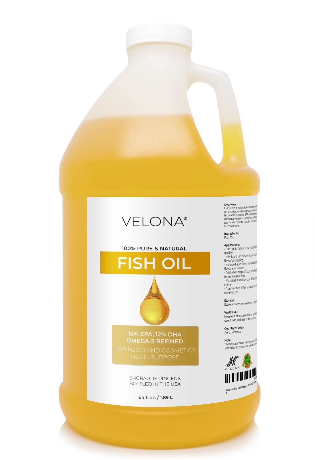 Fish Omega-3 Oil by Velona – 2oz-7lb Pure Refined Cold pressed Vitamin E, D