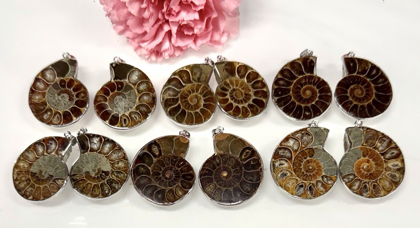 Wholesale Lot 12 Pcs Ammonite Pendant With Rhodium Findings Natural Crystal