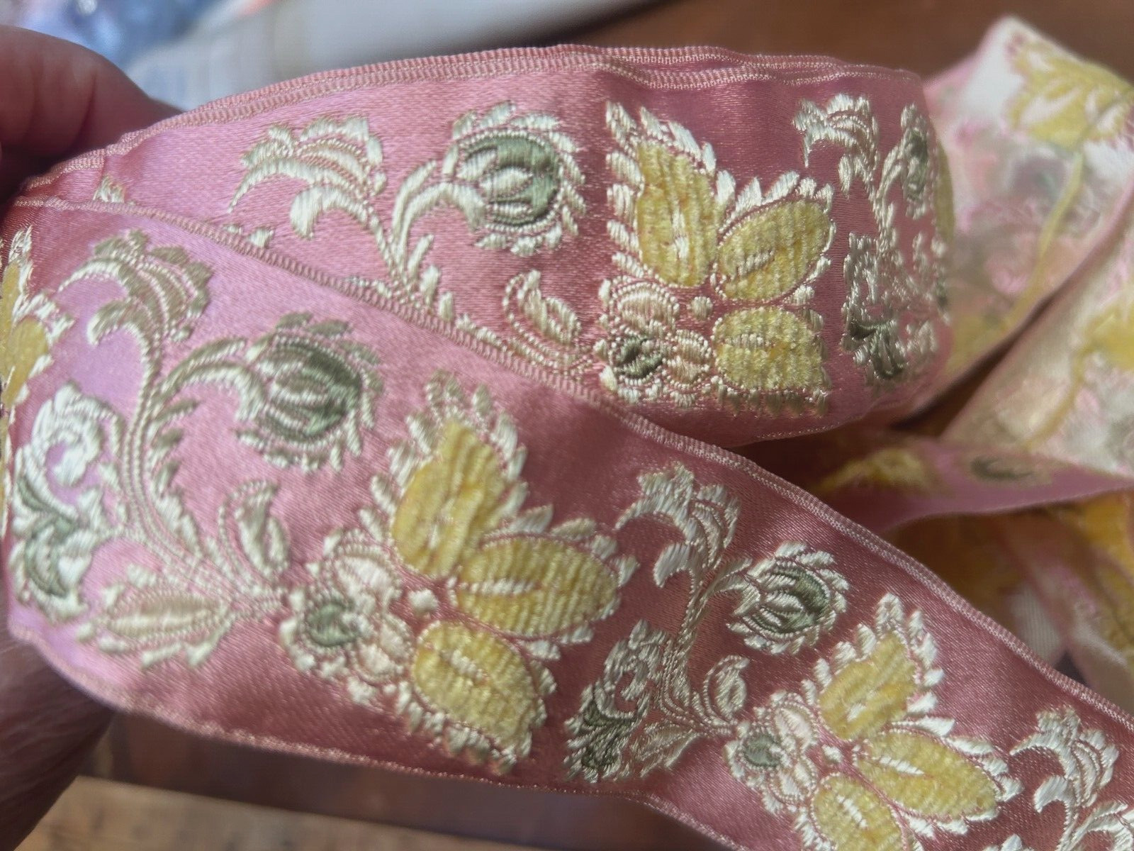 vintage jacquard embroidered 1.75″ satin chenille ribbon trim 1yd made in France