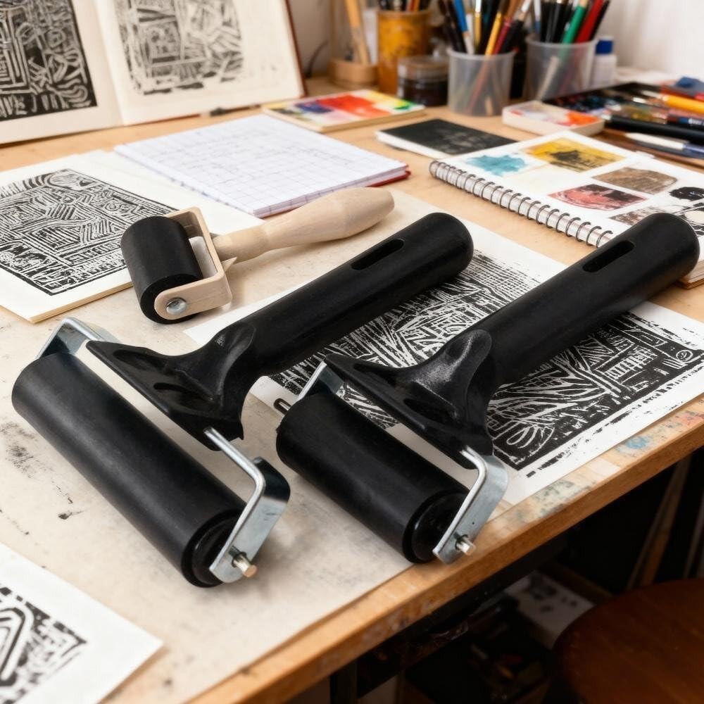 3-Pack Hard Rubber Brayer Rollers 1.4/2.4/4 Inch for Printmaking Ink Stamping