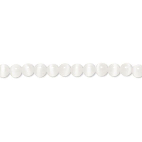 Bead, 1 Std(100) White Cat’s Eye Fiber Optic Glass 4mm Round Grade A Beads
