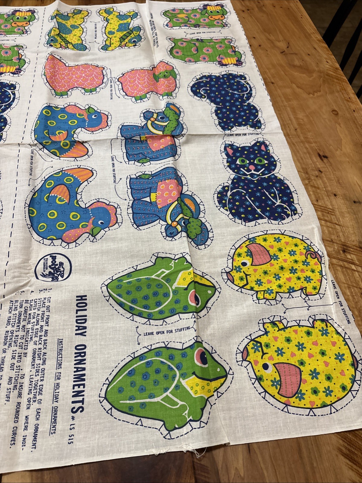 Vintage Poly-Fil Holiday Ornaments Colorful Fabric / Cut & Stuff Panel Set Of 8