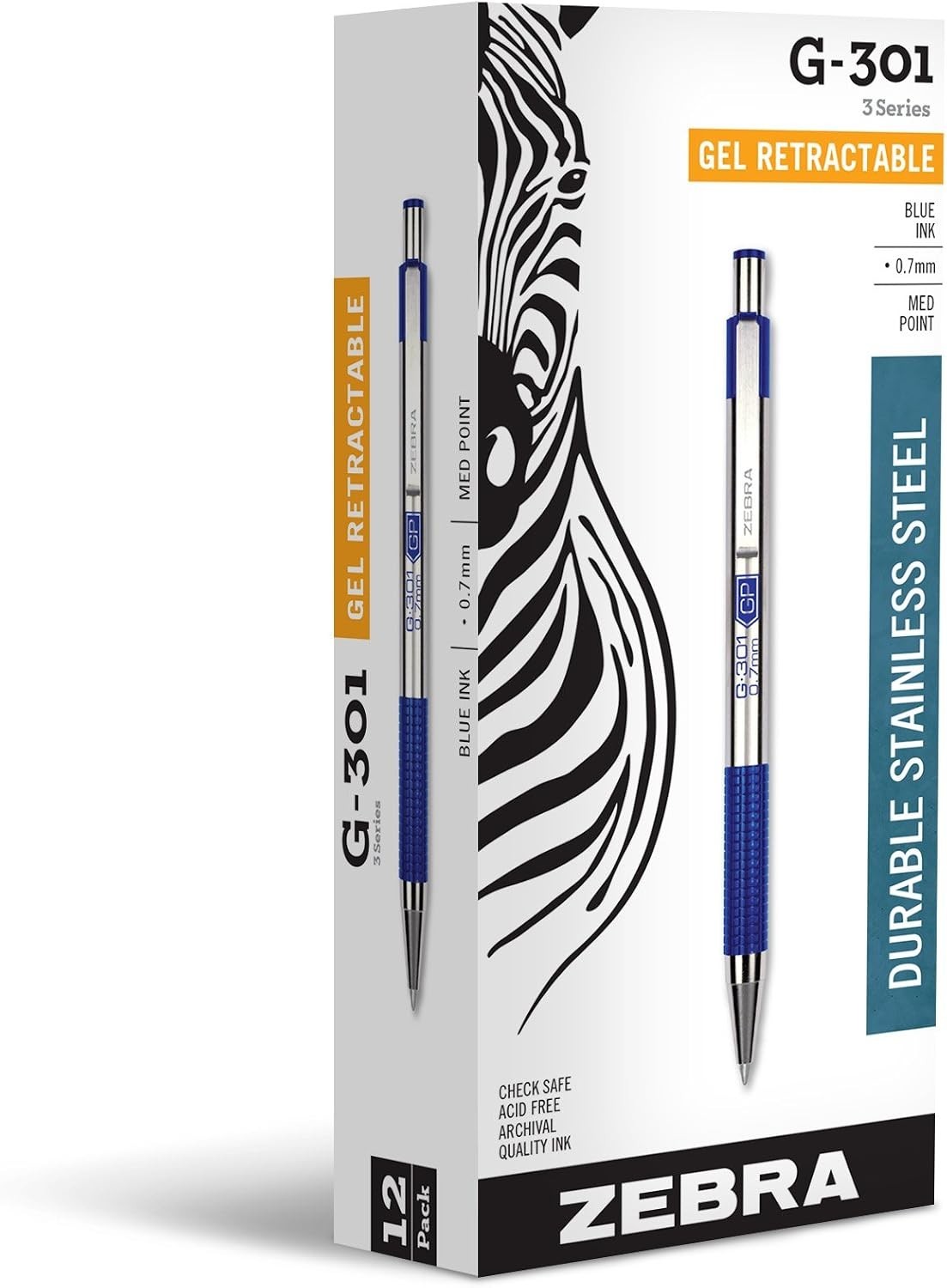 Precision Gel Pen 12-Pack – Stainless Steel Barrel, Blue Ink