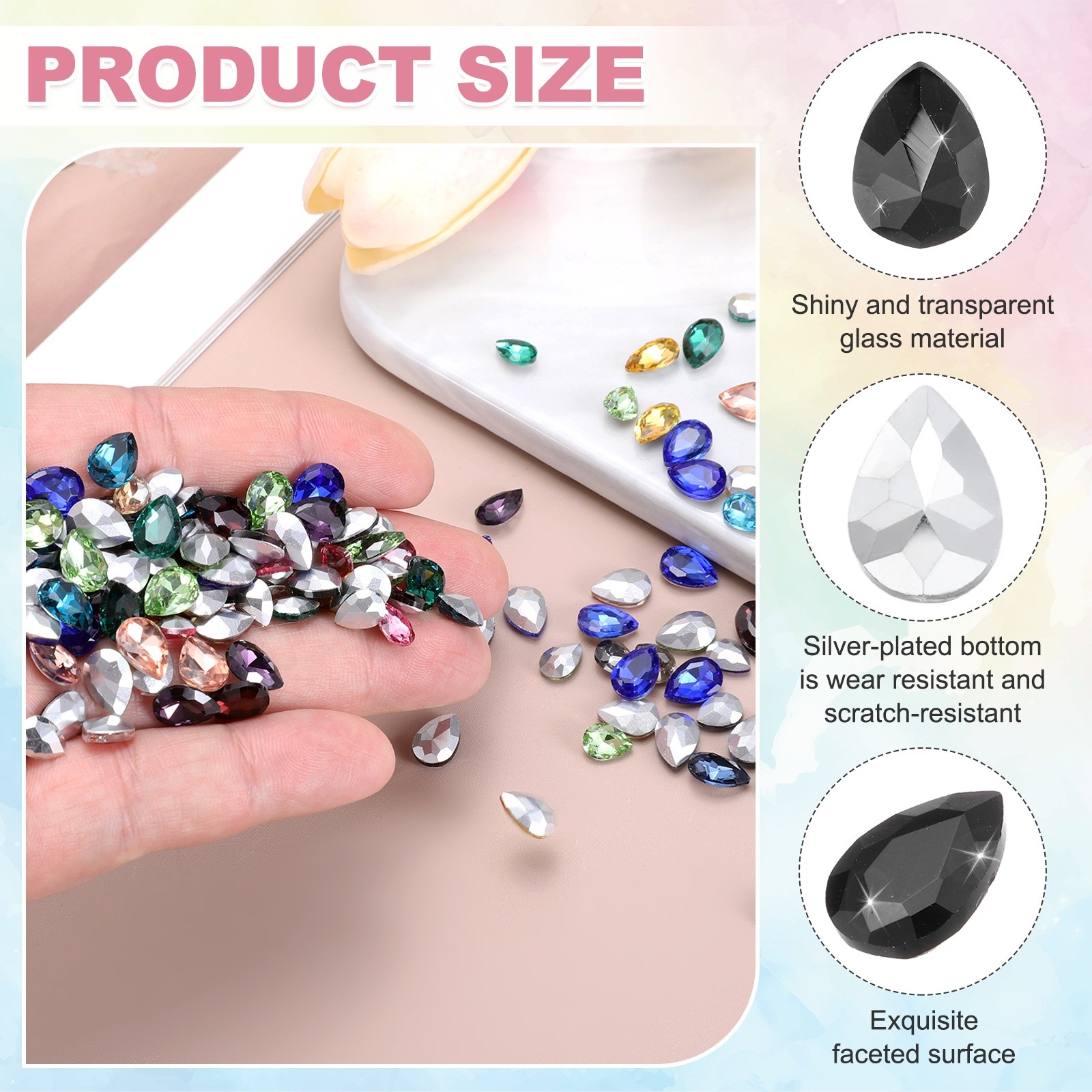 100Pcs 7x10mm Black Crystal AB Point Back Glass Rhinestones Teardrop Gems