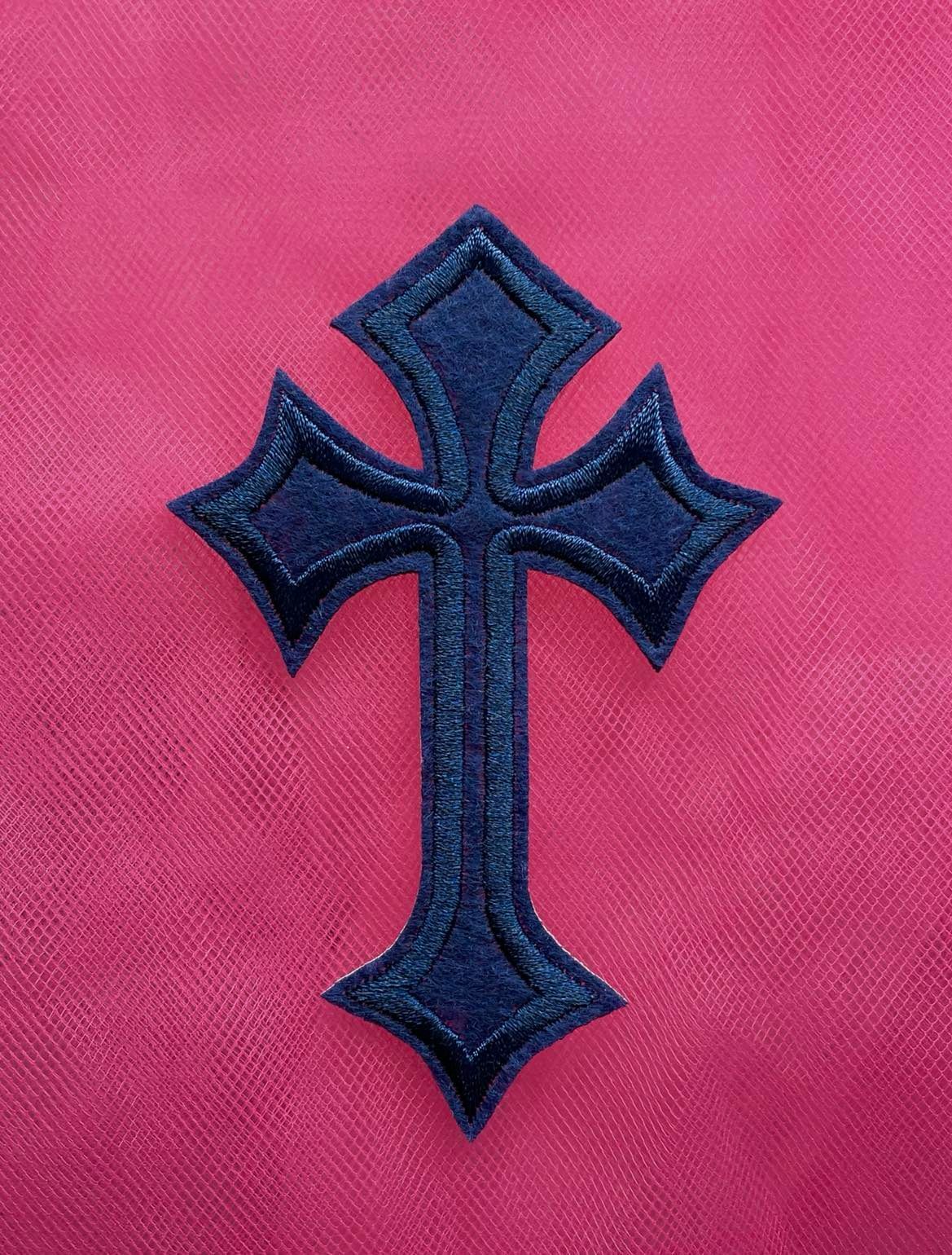 Navy Blue Embroidered Iron On Cross Applique Christian Jesus DIY Jeans Patch