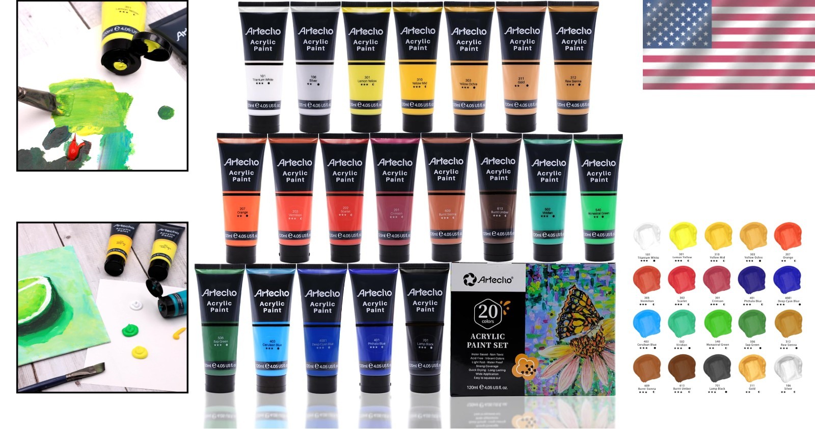 Non-Toxic Acrylic Paints – 4.05oz Tubes, 20 Colors