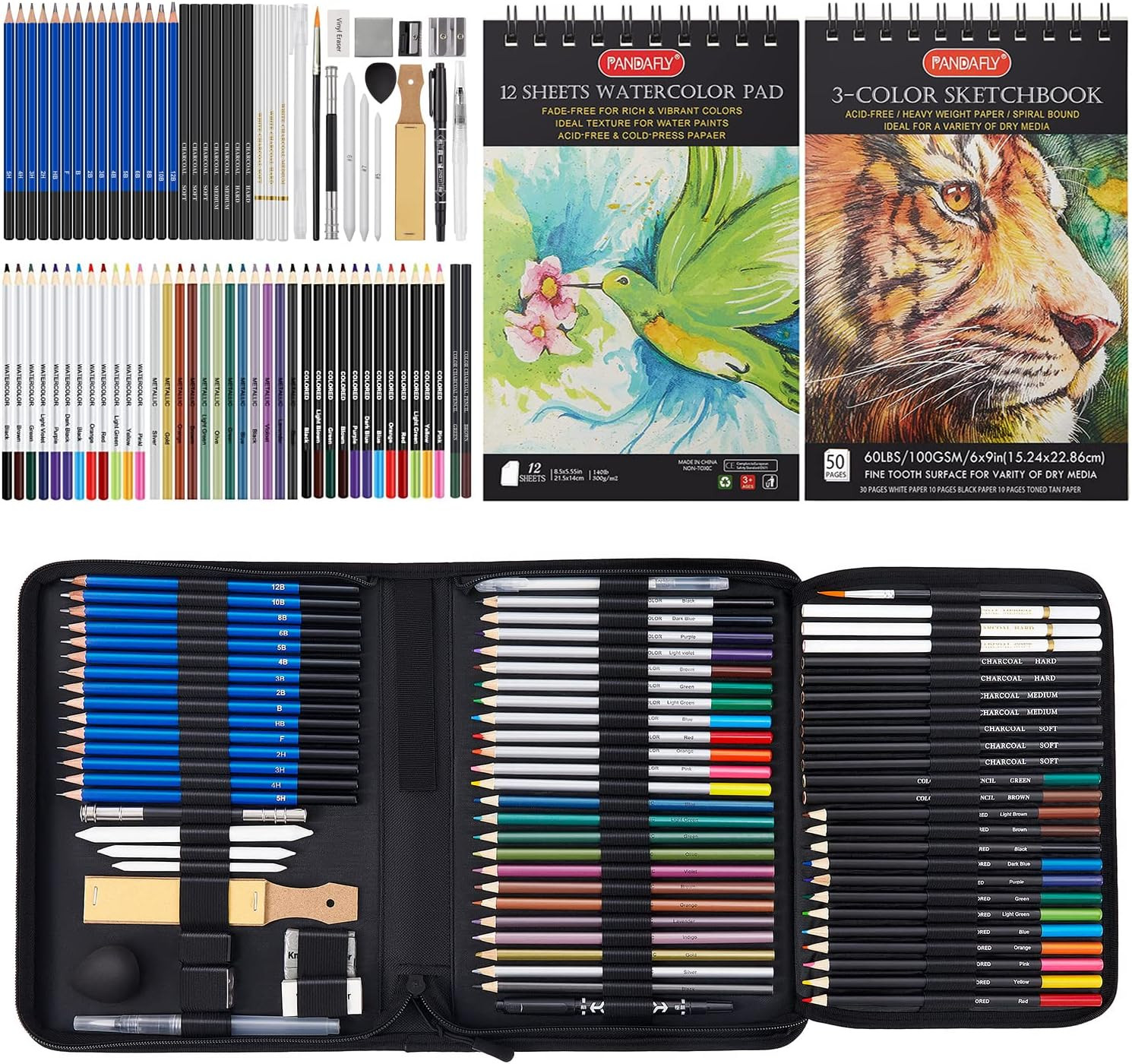 PANDAFLY 80 Drawing Set Sketching Kit, Art Supplies with 3-Color Sketchbook | Wa