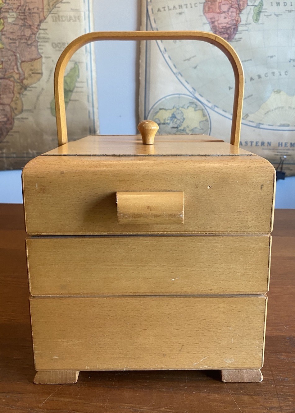 Large Vintage Wooden Cantilever Sewing Basket Box Fold Out Crafts & Assessories